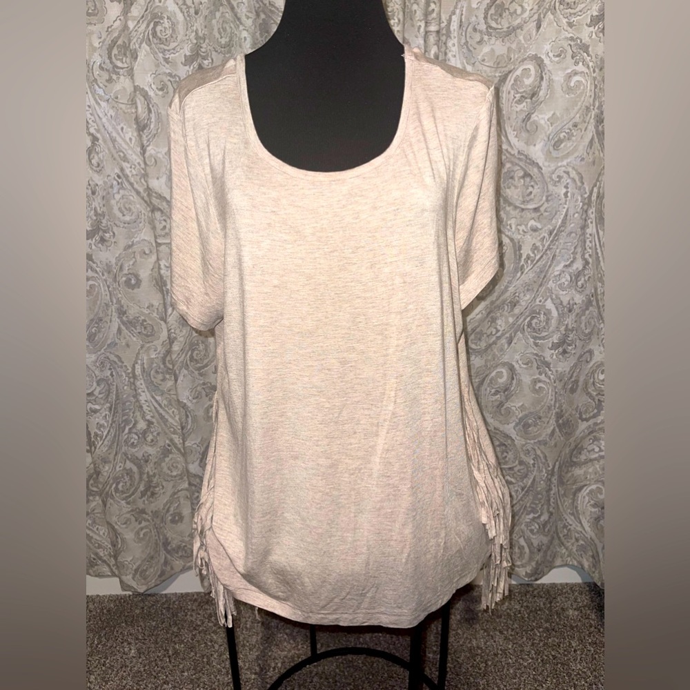 VENUS Beige Swoop Neck Blouse with‎ fringe Detail